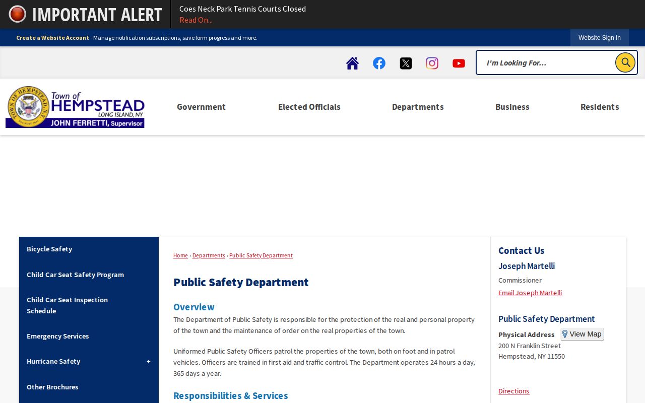 Town of Hempstead official public-safety page for arrest-record routing