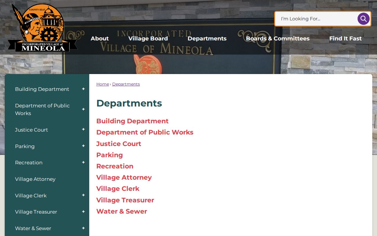 Village of Mineola official departments page for arrest-record routing