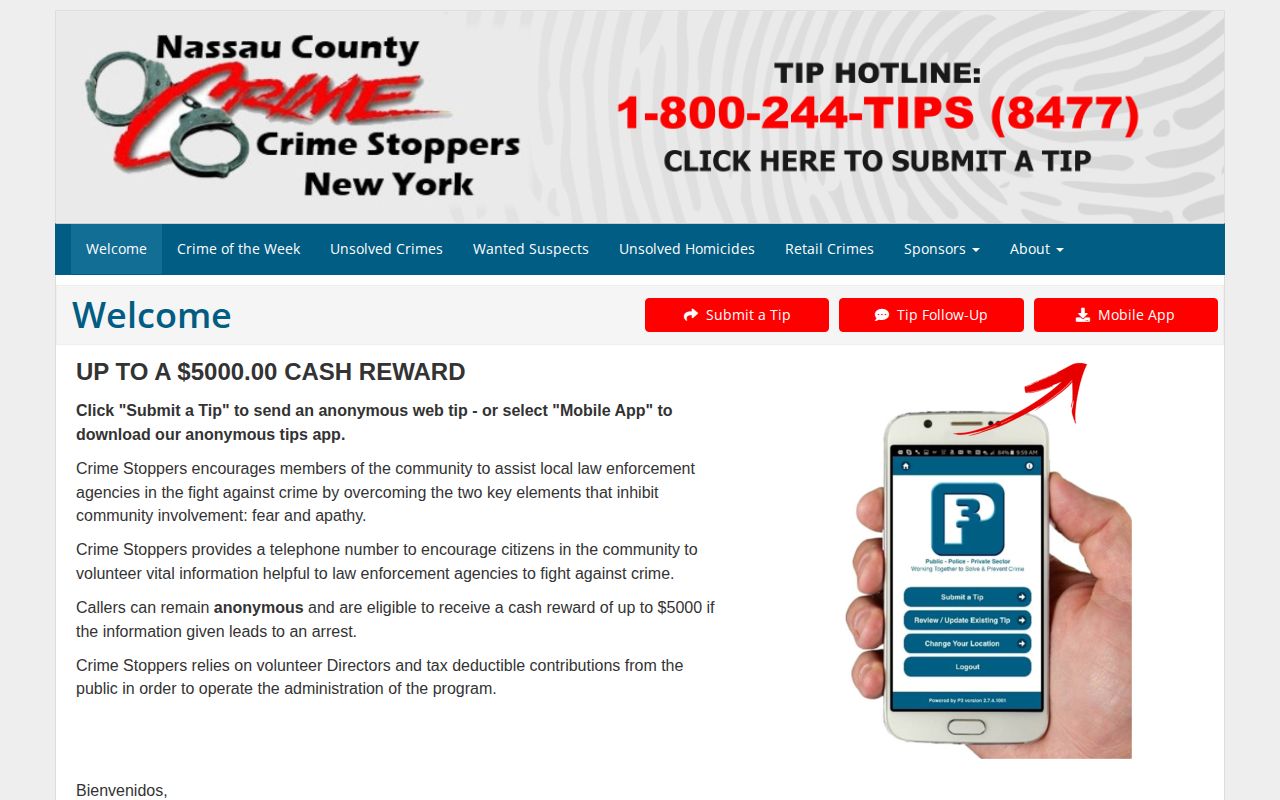 Nassau County Crime Stoppers P3 Tips reporting information